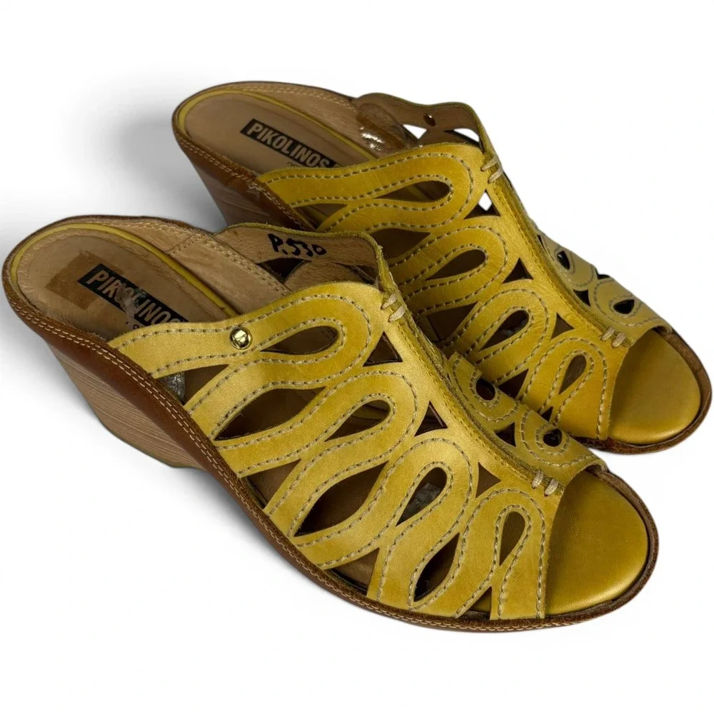 Pikolinos Womens 38 Yellow Leather Cutout Wedge Mules Sandals Peep Toe Spain